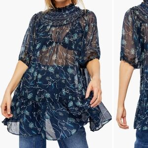 Free People Blue Floral Sheer Chiffon Puff Sleeve Tie Flowy Kara Tunic Top LG